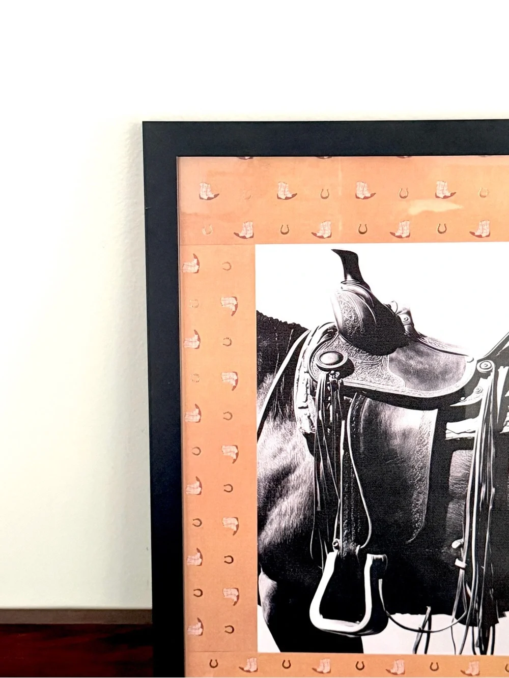 Saddle Horse Western Black & White Canvas Art Print Rodeo Cowboy Black Framed